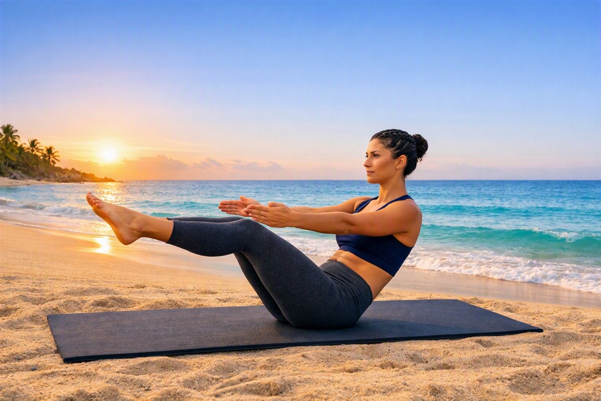 Mujer sentada en la postura de la media barca en una playa al atardecer, con las piernas elevadas y los brazos extendidos al frente